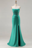 Dark Green Strapless Mermaid Sequins Corset Long Prom Dress with Slit