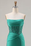 Dark Green Strapless Mermaid Sequins Corset Long Prom Dress with Slit