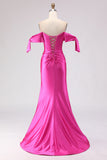 Fuchsia Mermaid Off The Shoulder Corset Beaded Long Prom Dress with Slit