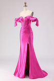 Fuchsia Mermaid Off The Shoulder Corset Beaded Long Prom Dress with Slit