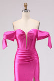 Fuchsia Mermaid Off The Shoulder Corset Beaded Long Prom Dress with Slit