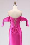 Fuchsia Mermaid Off The Shoulder Corset Beaded Long Prom Dress with Slit