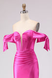 Fuchsia Mermaid Off The Shoulder Corset Beaded Long Prom Dress with Slit