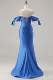 Off The Shoulder Royal Blue Mermaid Corset Satin Long Prom Dress with Slit