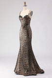 Khaki Leopard Mermaid Corset Long Prom Dress with Lace Up Back