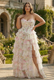 Pink Floral Corset Sweetheart Tiered A-Line Long Formal Dress with Slit