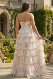 Pink Floral Corset Sweetheart Tiered A-Line Long Formal Dress with Slit