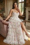 Pink Floral Sweetheart Corset A-Line Tiered Plus Size Long Prom Dress with Slit