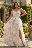 Pink Floral Corset Sweetheart Tiered A-Line Long Formal Dress with Slit