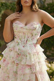 Pink Floral Corset Sweetheart Tiered A-Line Long Formal Dress with Slit