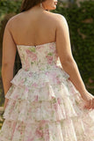 Pink Floral Corset Sweetheart Tiered A-Line Long Formal Dress with Slit