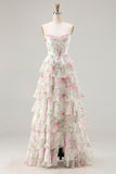 Pink Floral Sweetheart Corset A-Line Tiered Plus Size Long Prom Dress with Slit