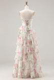 Pink Floral Sweetheart Corset A-Line Tiered Plus Size Long Prom Dress with Slit