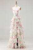 Pink Floral Sweetheart Corset A-Line Tiered Plus Size Long Prom Dress with Slit
