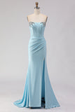 Sky Blue Strapless Beaded Mermaid Corset Long Prom Dress with Slit