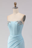 Sky Blue Strapless Beaded Mermaid Corset Long Prom Dress with Slit