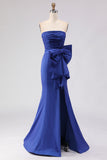 Strapless Royal Blue Mermaid Ruched Side Slit Long Prom Dress with Large Bow