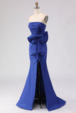 Strapless Royal Blue Mermaid Ruched Side Slit Long Prom Dress with Large Bow