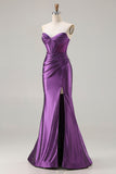 Dark Purple Mermaid Beaded Strapless Corset Long Prom Dress with Slit