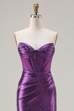 Dark Purple Mermaid Beaded Strapless Corset Long Prom Dress with Slit