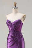 Dark Purple Mermaid Beaded Strapless Corset Long Prom Dress with Slit