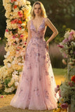 Blush A Line V-Neck Backless Long Prom Dress with Sequins