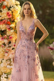 Blush A Line V-Neck Backless Long Prom Dress with Sequins