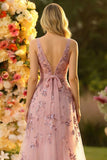 Blush A Line V-Neck Backless Long Prom Dress with Sequins