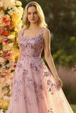 Blush A Line Embroidered Square Neck Long Tulle Prom Dress