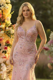 Sparkly Blush Mermaid V-Neck Plus Size Long Prom Dress with Sequins