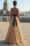Apricot Black Dot A Line Halter Bowed Long Prom Dress with Slit