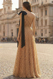 One Shoulder Apricot Black Dot A Line Prinred Long Prom Dress with Bow