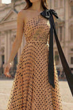 One Shoulder Apricot Black Dot A Line Prinred Long Prom Dress with Bow