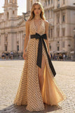 Halter A Line Prinred Apricot Black Dot Side Slit Long Prom Dress with Bow