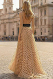 Halter A Line Prinred Apricot Black Dot Side Slit Long Prom Dress with Bow