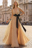 Halter A Line Prinred Apricot Black Dot Side Slit Long Prom Dress with Bow