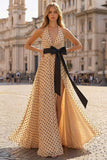 Halter A Line Prinred Apricot Black Dot Side Slit Long Prom Dress with Bow