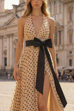 Halter A Line Prinred Apricot Black Dot Side Slit Long Prom Dress with Bow
