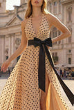 Halter A Line Prinred Apricot Black Dot Side Slit Long Prom Dress with Bow