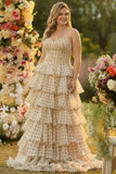 Sweetheart A Line Tiered Apricot Black Dot Long Plus Size Prom Dress with Ruffles
