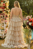 Sweetheart A Line Tiered Apricot Black Dot Long Plus Size Prom Dress with Ruffles