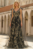 Black Golden Floral A-Line V-Neck Long Prom Dress with Streamer
