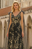 Black Golden Floral A-Line V-Neck Long Prom Dress with Streamer
