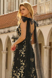 Black Golden Floral A-Line V-Neck Long Prom Dress with Streamer