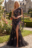 Black Mermaid One Shoulder Sequins Long Prom Dress with Bowknot