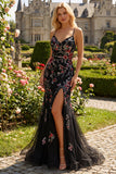 Black Pink Flower Spaghetti Straps Sequins Mermaid Long Prom Dress with Slit