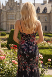 Black Pink Flower Spaghetti Straps Sequins Mermaid Long Prom Dress with Slit