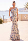 Grey Blue Flower One Shoulder Mermaid Mother of the Bride Dress with Bowknot