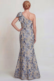 Grey Blue Flower One Shoulder Mermaid Mother of the Bride Dress with Bowknot