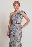 Grey Blue Flower One Shoulder Mermaid Mother of the Bride Dress with Bowknot